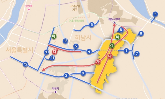 하남 교산 광역교통망 계획안, 가운데 붉은 선으로 표시된 '가'노선이 송파~하남 도시철도 구간이다. /자료=국토교통부
