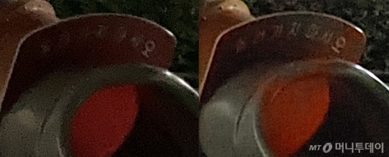 아이폰SE(왼쪽)와 LG 벨벳 야간 촬영 사진 확대 비교.