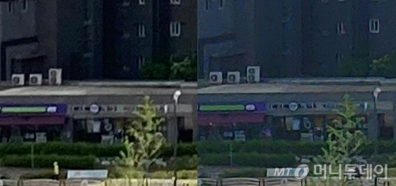 아이폰SE(왼쪽)와 LG 벨벳 주간 촬영 사진 확대 비교.