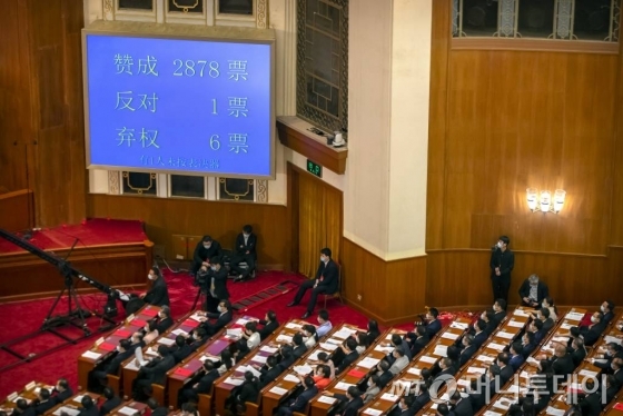[홍콩=AP/뉴시스] 28일 중국 베이징 인민대회당에서 13기 전국인민대표대회(전인대) 3차 전체회의 폐막식이 열리는 가운데 홍콩보안법 표결 결과가 현광판에 표시되고 있다. 홍콩보안법은 찬성 2878표 반대 1표, 기권 6표로 통과됐다. 2020.05.28