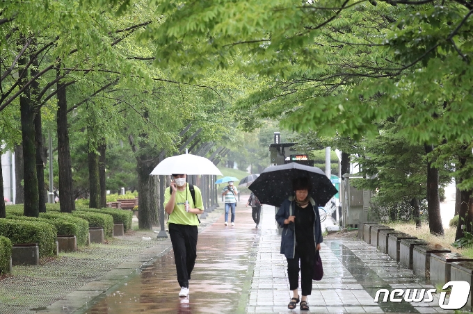 대전 서구 대전시청 인근에서 시민들이 우산을 쓰고 지나고 있다. 뉴스1 © News1 김기태 기자