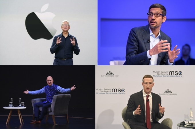 (왼쪽 위에서부터 시계방향으로) 애플의 팀 쿡, 구글 모회사인 알파벳의 순다르 피차이, 아마존의 제프 베이조스, 페이스북의 마크 저커버그 CEO./사진=AFP