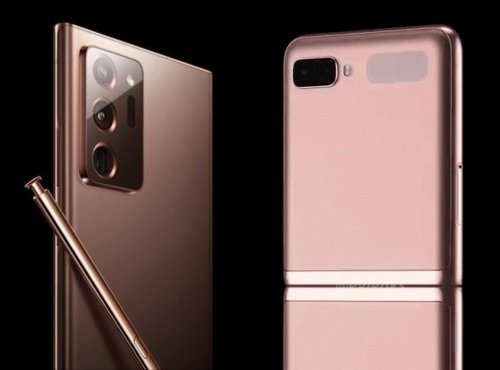 삼성전자 하반기 플래그십 '갤럭시노트20' 추정 제품 모습(왼쪽)과 폴더블폰 '갤럭시Z 플립 5G' 모습. /사진=이샨아가왈, 에반블레스 트위터