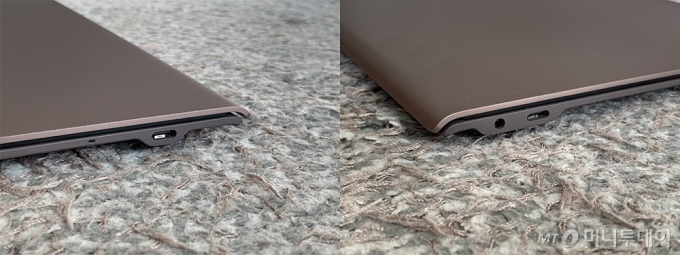 갤럭시북S는 양옆에 USB 타입 C포트가 하나씩 있다. 왼쪽에는 3.5mm 이어폰 단자가 함께 위치한다.