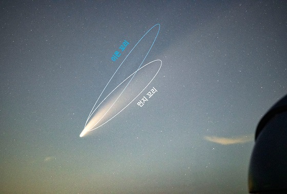 니오와이즈 혜성의 이온꼬리와 먼지꼬리/사진=천문연