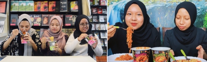 말레이시아 유튜브 방송에서 대박라면을 먹는 모습 /사진제공=신세계푸드