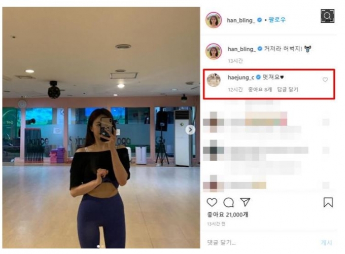 배우 조혜정이 21일 한보름의 인스타그램에  댓글을 달았다. /사진=한보름 인스타그램