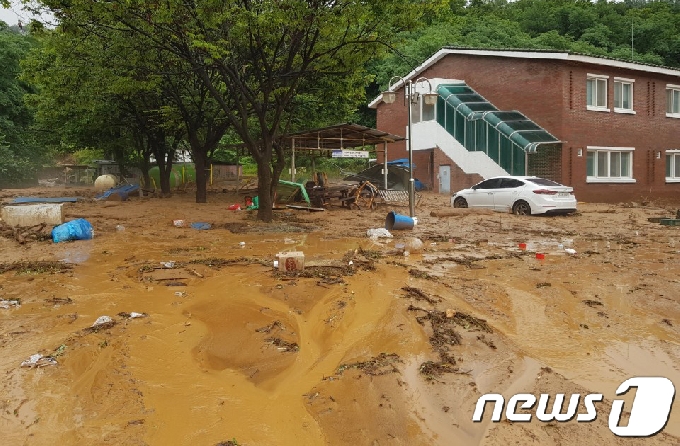 2일 오전 충북 단양군 한 마을에 빗물에 휩쓸려온 토사물이 쌓여 있다. (충북도소방본부 제공) 2020.8.2 /뉴스1 © News1