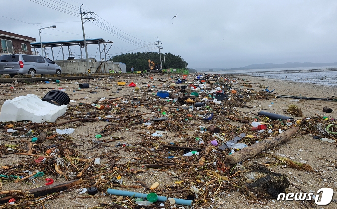 충남 서천군 해변에 금강 상류에서 떠내려 온 수해 쓰레기가 쌓여 있다.(서천군 제공)© 뉴스1