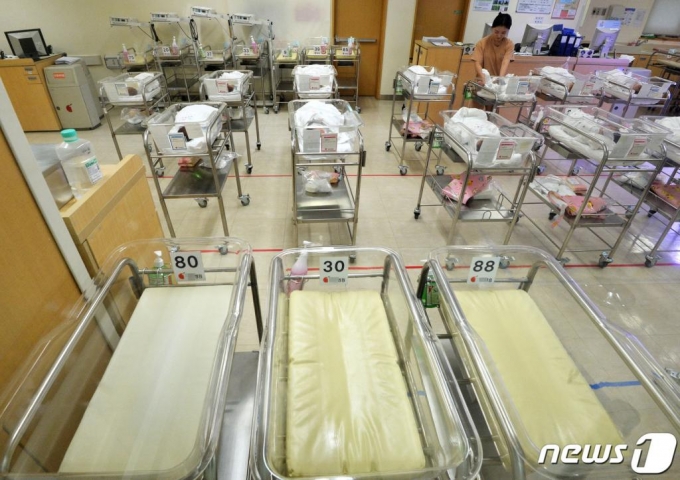 23일 오후 서울 중구의 한 병원 신생아실에 놓인 아기 바구니 곳곳이 비어 있다. 통계청이 이날 발표한 ‘2016년 출생·사망통계(잠정)’에 따르면 합계 출산율(가임여성 1명당 평균 출생아 수)은 1.17명으로 전년 1.24명보다 0.07명 떨어졌다. 지난해 출생아 수는 40만6300명으로 전년 43만8400명보다 3만2100명(7.3%)이 감소한 것으로 역대 최소치를 기록했다. 2017.2.22/뉴스1