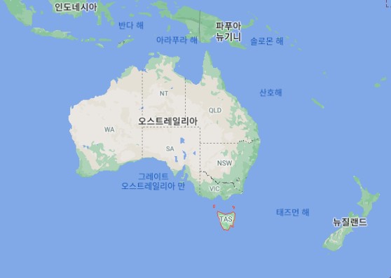 빨간선으로 표시된 곳이 호주 태즈메이니아 섬. /사진=구글지도