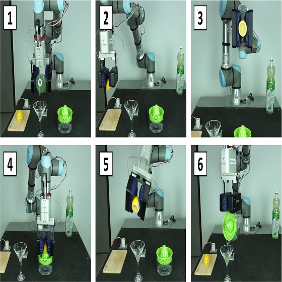 한국기계연구원 로봇메카트로닉스연구실이 집게형 만능 그리퍼를 이용하여 레몬을 비롯한 다양한 물체를 파지(把持)하고 착즙하는 등 작업을 수행하며 칵테일 제조를 시연하고 있다/사진=기계연