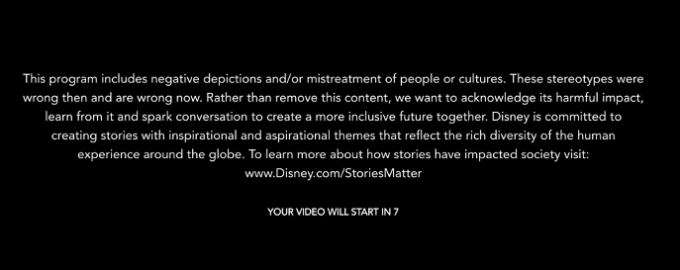 디즈니+가 고전 만화 시작전, “이 프로그램은 원작 그래도 제공된다. 작품엔 구식 문화적 묘사가 포함돼 있을 수도 있다”는 문구를 앞에 추가했다. /사진제공=트위터
