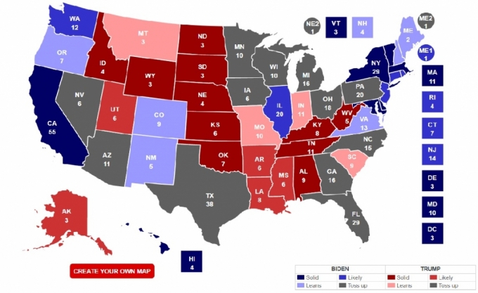미국 정치전문매체 리얼클리어폴리틱스(RCP)가 예상한 2020년 미 대선에서의 후보별 주 선거인단 확보 결과 (10월19일 기준) / 사진 캡처=RCP 홈페이지