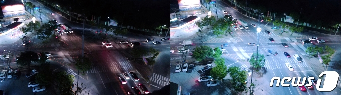 광주 본천산단 교차로에 LED 투광기를 설치하기 전(왼쪽)과 후 모습.(광주시 제공)2020.10.22/뉴스1 © News1