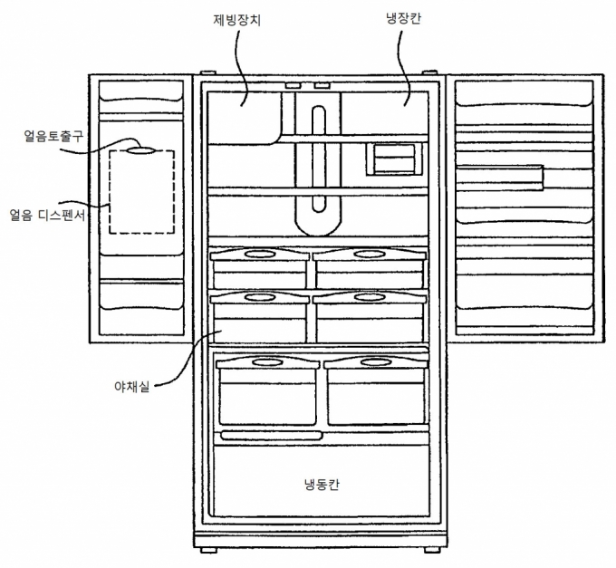 냉장실 안에 제빙장치를 탑재해 얼음을 만드는 LG전자의 '본체 제빙' 기술 특허 도면. /자료제공=LG전자