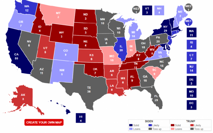 미국 정치전문매체 리얼클리어폴리틱스(RCP)가 예상한 2020년 미 대선에서의 후보별 주 선거인단 확보 결과 (10월26일 기준) / 사진 캡처=RCP 홈페이지