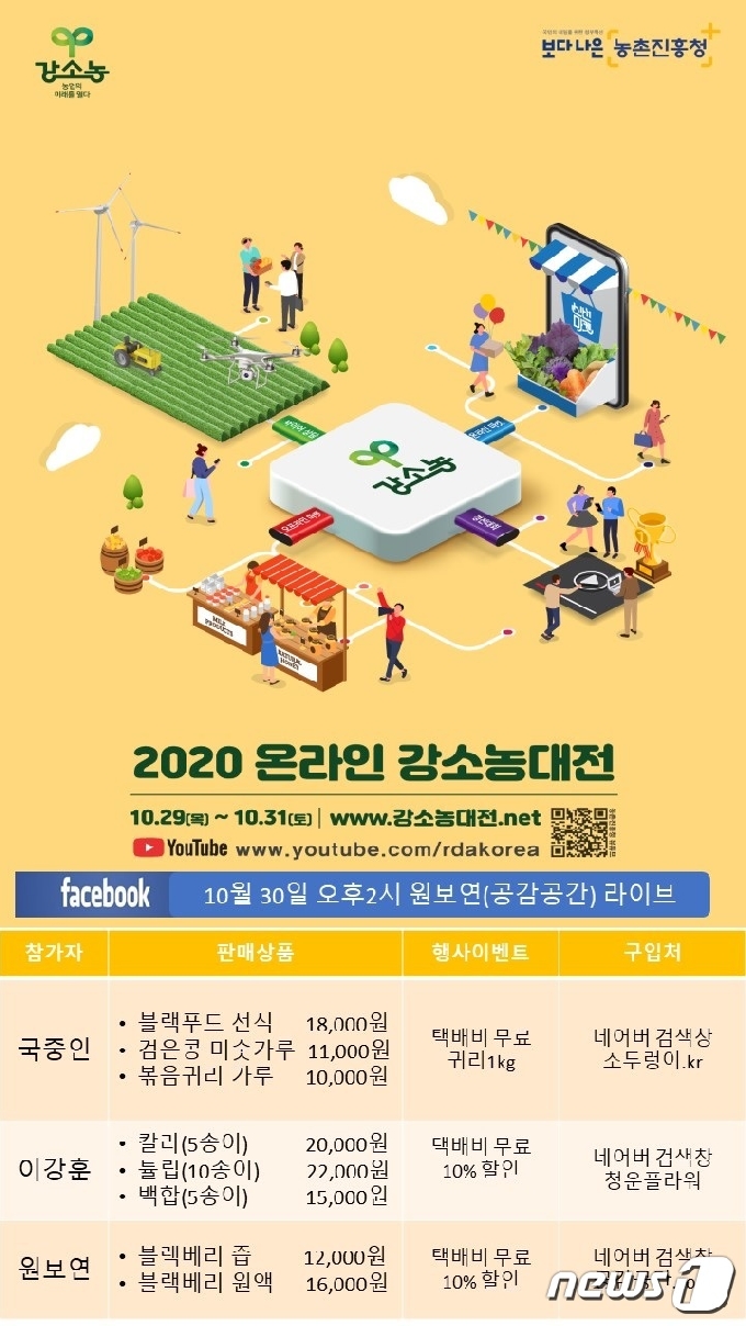 전북 완주군은 29~31일 유튜브를 통해 ‘온라인 강소농 대전’을 열고 우수 농산물과 가공품을 판매한다.(완주군제공)2020.10.29 /뉴스1