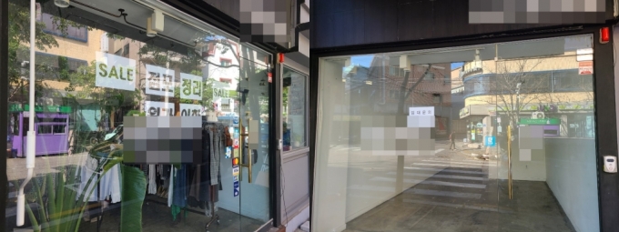 (왼쪽)지난 9월 21일 찾은 서울 신촌구 홍대 인근 상가에 세일 광고가 붙었다. (오른쪽) 11월 23일 찾은 같은 가게가 비어 있는 모습. /사진=정한결 기자