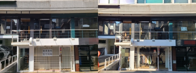 (왼쪽)지난 9월 21일 찾은 서울 신촌구 홍대 인근 상가가 2층에 '임대 문의' 종이가 붙어있다. (오른쪽) 11월 23일 찾은 같은 가게가 여전히 비어 있는 모습. /사진=정한결 기자