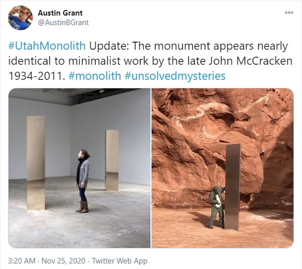 유타주에서 발견된 기둥과 존 맥크래켄의 작품을 비교한 글. /사진=트위터 갈무리