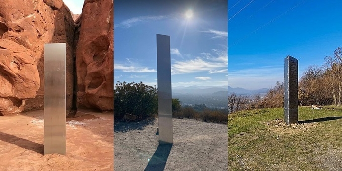 (왼쪽부터) 미국 유타주, 캘리포니아주와 루마니아에서 발견된 금속기둥 사진들