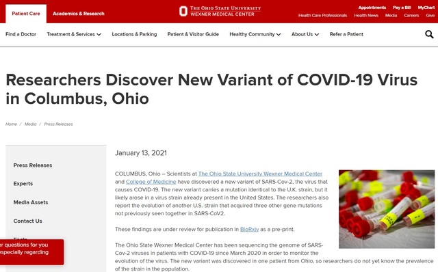 미국 오하이오 주립대 연구진이 새로운 코로나19 변이를 발견했다고 밝혔다. (사진 : 오하이오주립대 홈페이지) 2021.1.13./ 사진=뉴시스