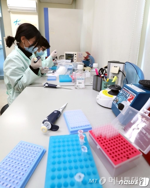 지난 5일 오후 서울 금천구 코젠바이오텍에서 연구원들이 신종 코로나 바이러스 감염증 진단시약 실험을 하고 있다. /사진제공=뉴스1