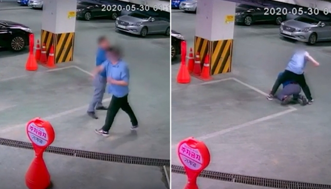 CCTV에 청와대 출입기자로 알려진 가해자가 청원인의 아버지를 폭행하는 모습이 담겼다./사진=유튜브 영상 캡처