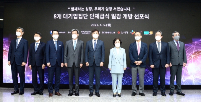 조성욱 공정거래위원장(왼쪽 여섯번째)이 단체급식 일감을 개방한 대기업 CEO들과 기념촬영을 했다./사진=공정거래위원회