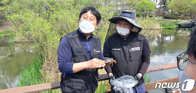 국립생태원 김수환 박사가 생태조사용 통발 안에 들어있던 외래 생물인 페인티드터틀(painted turtle)에 대해 설명하고 있다.2021.4.9/© 뉴스1 조준영 기자