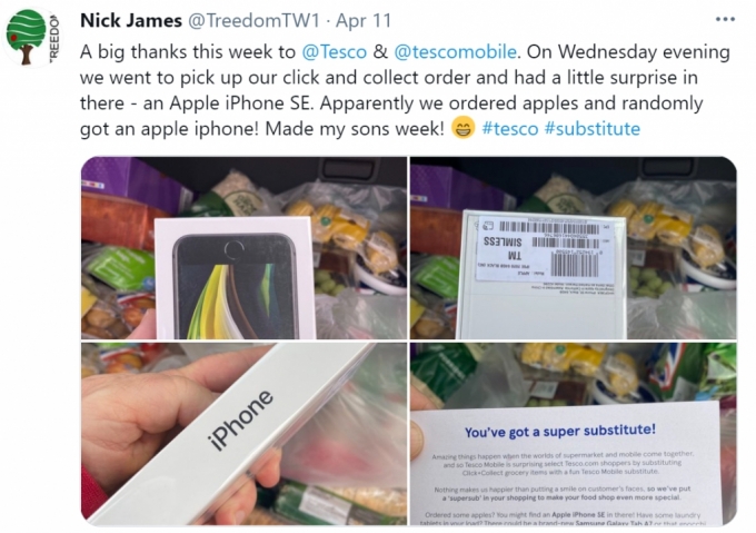 영국의 한 마트가 사과를 주문한 고객에게 애플 '아이폰'을 증정한 소식이 공개되며 화제가 되고 있다. /사진=트위터