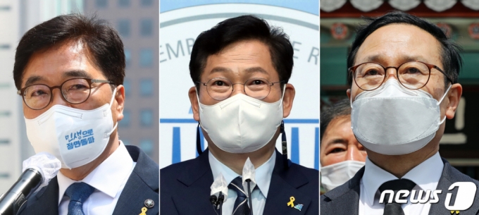 우원식·송영길·홍영표 더불어민주당 의원(왼쪽부터)이 15일 당대표 출마를 선언 후 활동을 시작했다./사진=뉴스1