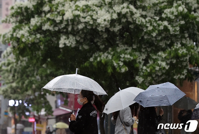 시민들이 우산을 쓴 채 비를 피하고 있다. /뉴스1 © News1 조태형 기자