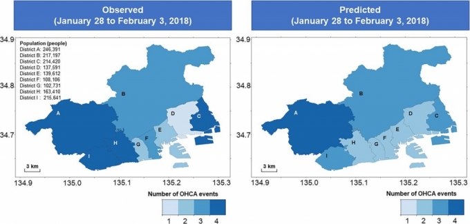 일본 고베지역에서 2018년 1월 28일부터 2월 3일까지 발생한 병원밖 심정지 사례(그림 왼쪽)와 연구팀이 구축한 예측 모델이 예상한 병원밖 심정지 예측값(그림 오른쪽).