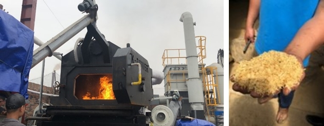 케이파워가 개발한 완전 연소 시스템 기반의 바이오매스 플랜트가 가동 중이다. 농업 및 임업 부산물(사진 오른쪽)을 연료화할 수 있다/사진제공=케이파워