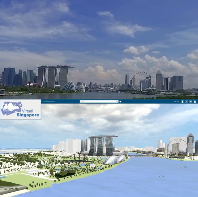 사진 상단은 실제 도시모습, 하단은 버추얼 싱가포르에서 구현한 해당 도시의 가상이미지/자료=버추얼 싱가포르 플랫폼 갭쳐