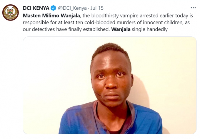 이른바 '피에 목마른 뱀파이어'로 불린 케냐의 어린이 살인마가 경찰에 체포됐다. 사진은 체포된 연쇄살인범 마스텐 밀리모 완잘라. /사진=케냐 범죄수사대(DCI) 트위터 캡처