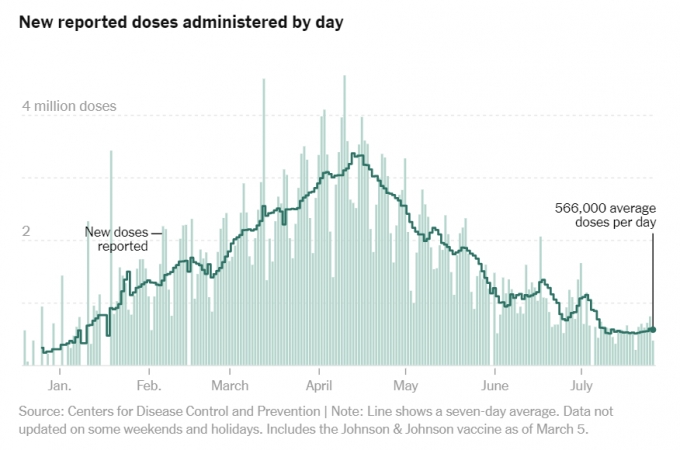 미국의 일일 백신 접종 건수와 일주일 동안의 평균 접종 건수 추이/사진=뉴욕타임스(NYT) 홈페이지 캡처