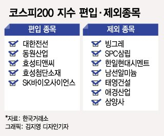 지난달 11일 코스피200 지수 정기변경에서 편입 및 제외된 종목. /그래픽=김지영 디자인기자