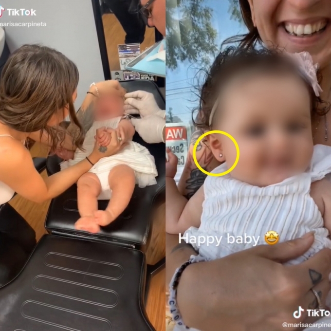 한 어머니가 생후 6개월 된 딸의 귀를 뚫는 장면을 소셜 미디어에 공유한 뒤 갑론을박의 대상이 됐다. /사진='marisacarpineta' 틱톡 영상 캡처