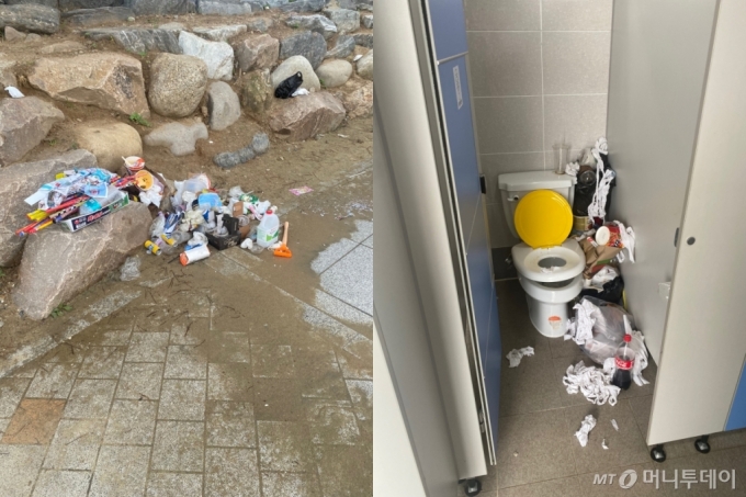 서해 방아머리해수욕장 세면대 인근에 마구 버려진 쓰레기(왼쪽)와 화장실 변기 옆을 뒤덮은 쓰레기./사진=우리나라라 믿고 싶지 않은 남형도 기자