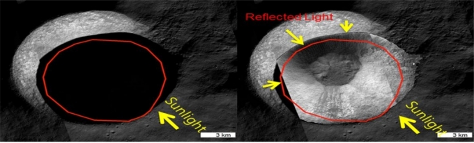 섀도우캠으로 촬영한 달 극지역 크레이터의 예상 모습. 왼쪽은 보통의 카메라, 오른쪽은 섀도우캠으로 촬영시 예상도./사진제공=과기정통부
