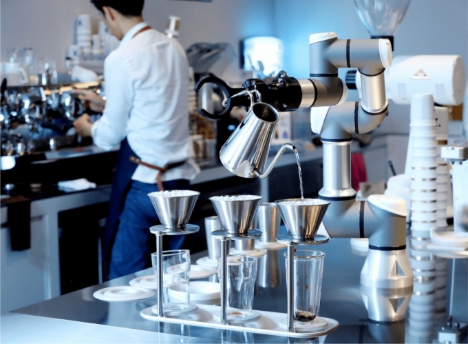 라운지랩이 운영하는 카페 '라운지엑스'에 설치된 협동로봇 바리스가 음료를 제조하고 있다. /사진=라운지랩 