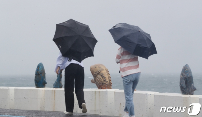 14호 태풍 '찬투(CHANTHU)'가 북상 중인 14일 오전 제주시 용담해안도로에서 우산을 쓴 행인들이 발걸음을 옮기고 있다.  /뉴스1   