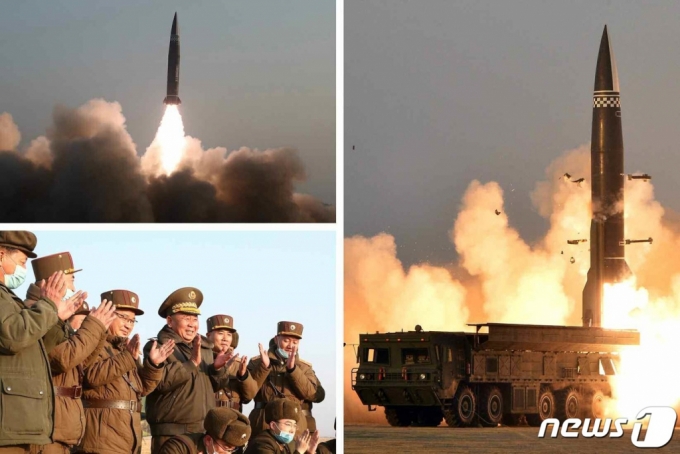 (평양 노동신문=뉴스1) = 북한은 전날인 25일 발사한 단거리 탄도 미사일 추정 발사체에 대해 26일 '신형전술유도탄'이라고 밝혔다. 노동당 기관지 노동신문은 이날 2면에 발사체의 사진을 공개했다. 2021.3.26.