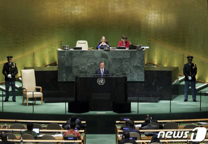 문재인 대통령이 지난 2019년 9월24일 오후(현지시간) 미국 뉴욕 유엔 총회장에서 기조연설을 하고 있다.