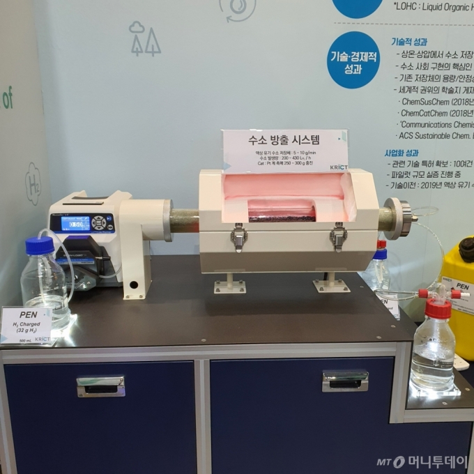 한국화학연구원(KRICT)이 6일 경기 고양 킨텍스(KINTEX)에서 열린 '2021 그린뉴딜엑스포' KRICT 부스에서 액상 유기 수소 저장체(LOHC)에 충전된 수소를 분리하는 기구를 전시하고 있다. /사진=백지수 기자