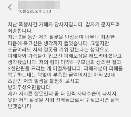지난 7월 30일 서울 성동구 한 아파트 단지 주변 산책로에서 40대 가장과 그의 가족에게 폭력을 가한 20대 여성이 사건 두 달 만에 사과와 함께 합의금을 제시한 문자. /사진=독자 제공