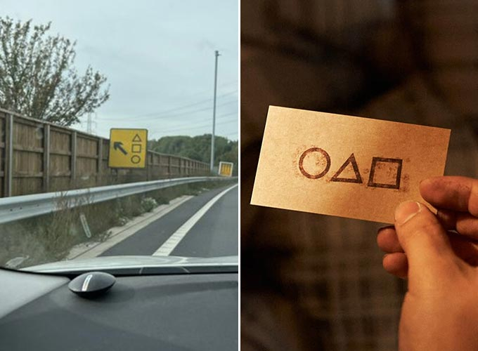 영국 M4고속도로에 설치된 표지판(왼쪽)과 넷플릭스 오리지널 시리즈 '오징어 게임'에서 등장하는 초대장./사진=영국 템즈밸리 도로 경찰대 트위터 사진 캡처, 넷플릭스 제공